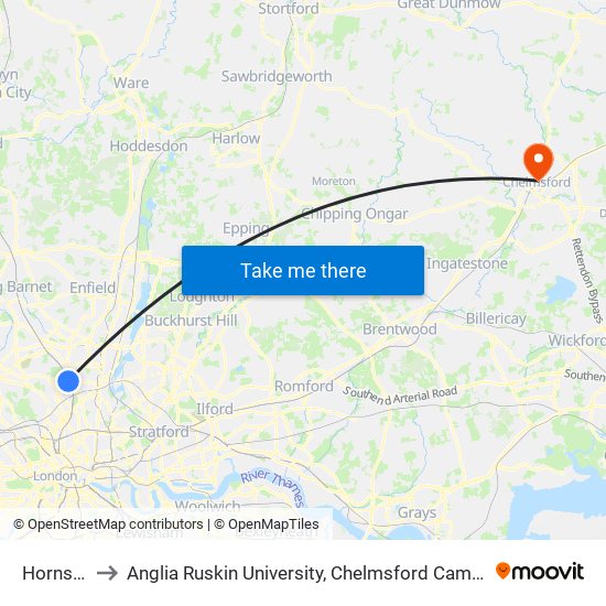 Hornsey to Anglia Ruskin University, Chelmsford Campus map