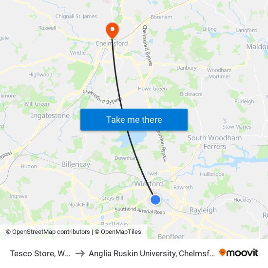 Tesco Store, Wickford to Anglia Ruskin University, Chelmsford Campus map