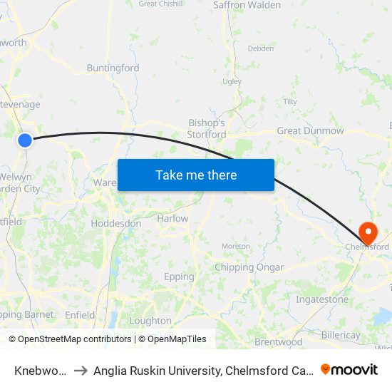 Knebworth to Anglia Ruskin University, Chelmsford Campus map