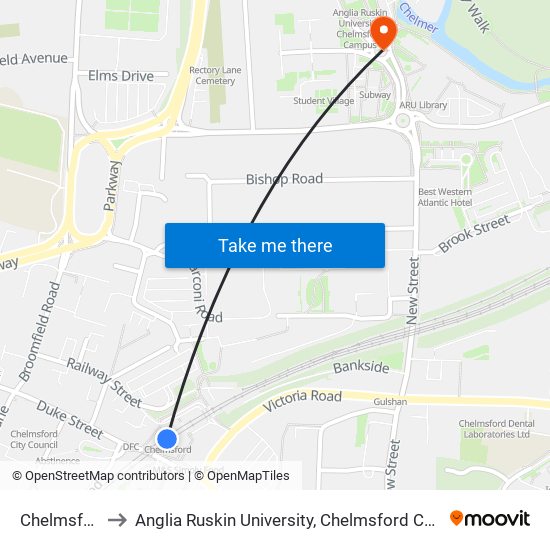 Chelmsford to Anglia Ruskin University, Chelmsford Campus map