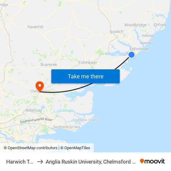 Harwich Town to Anglia Ruskin University, Chelmsford Campus map