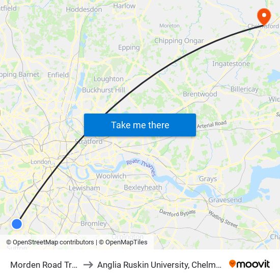 Morden Road Tram Stop to Anglia Ruskin University, Chelmsford Campus map