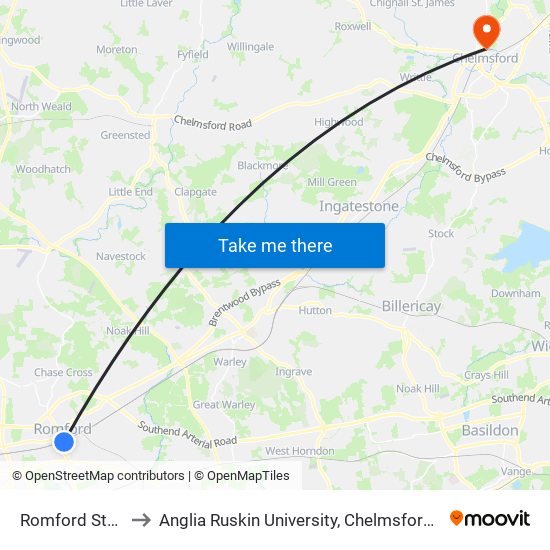 Romford Station to Anglia Ruskin University, Chelmsford Campus map