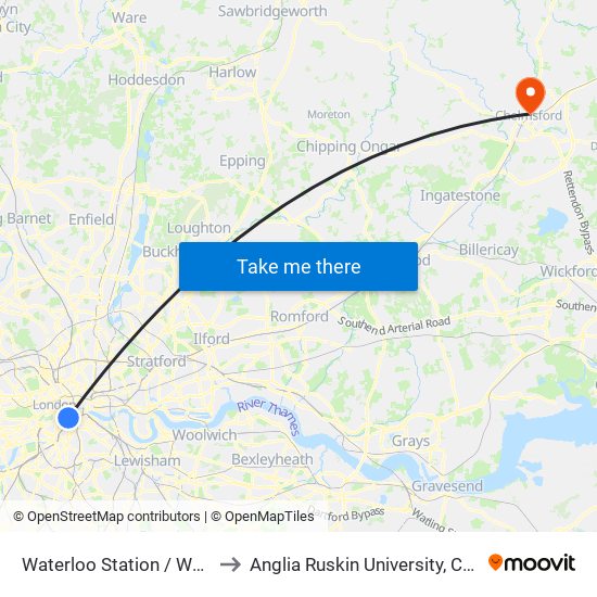 Waterloo Station   / Waterloo Road (D) to Anglia Ruskin University, Chelmsford Campus map