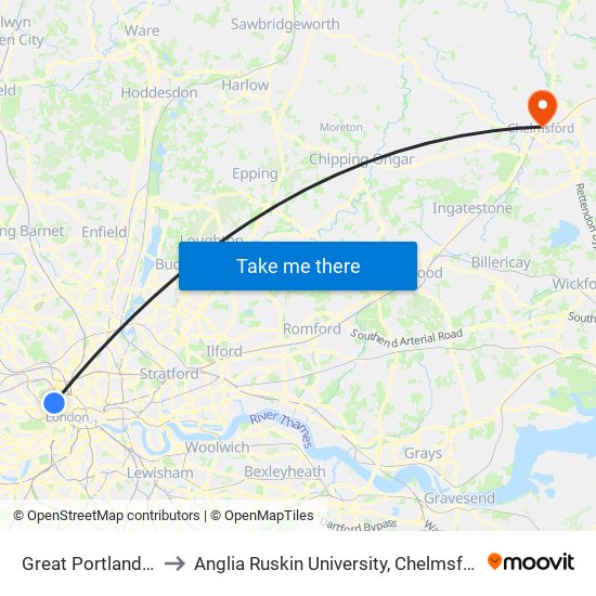 Great Portland Street to Anglia Ruskin University, Chelmsford Campus map