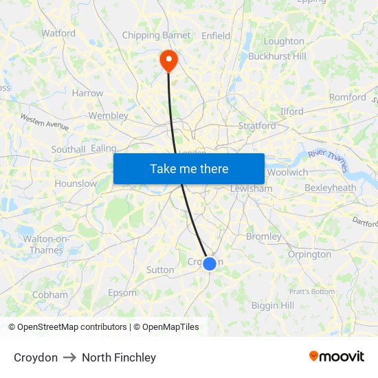 Croydon to North Finchley map