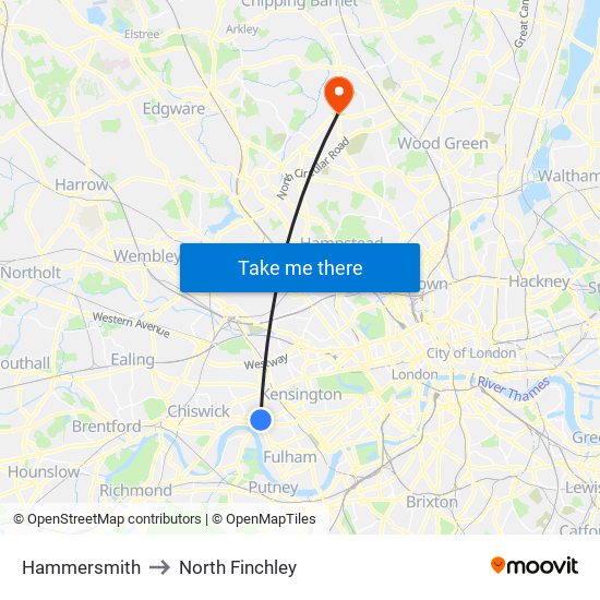 Hammersmith to North Finchley map