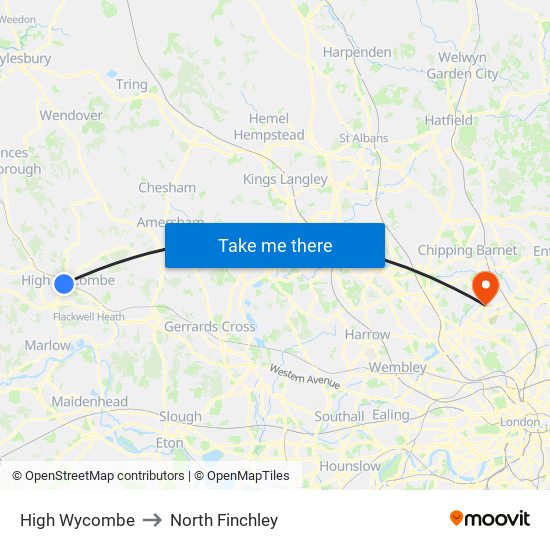 High Wycombe to North Finchley map