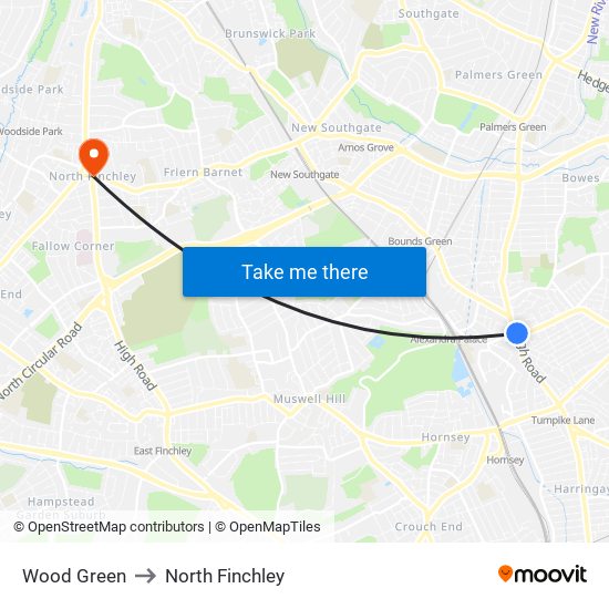 Wood Green to North Finchley map