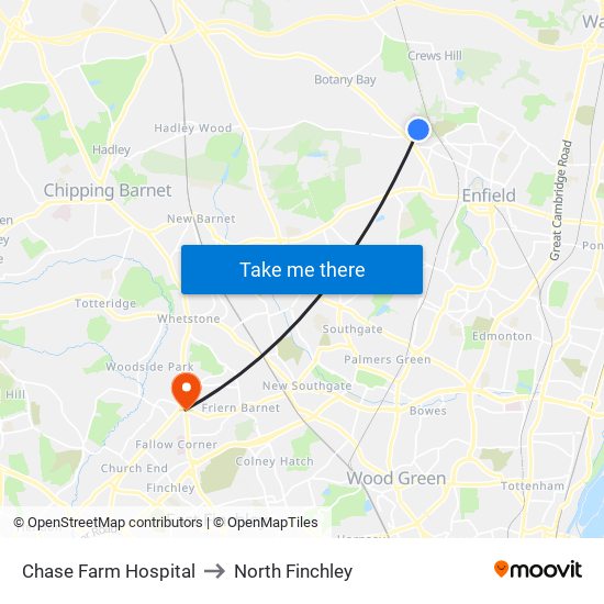 Chase Farm Hospital to North Finchley map