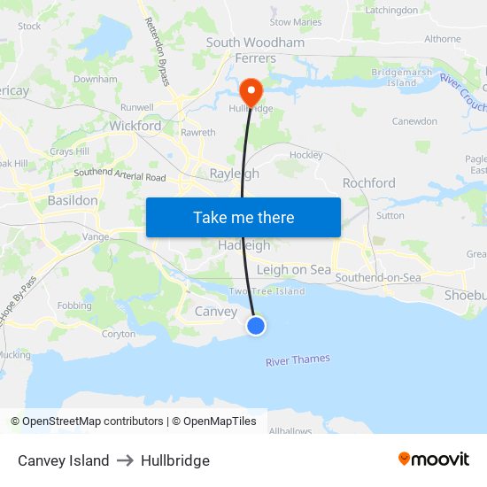 Canvey Island to Hullbridge map