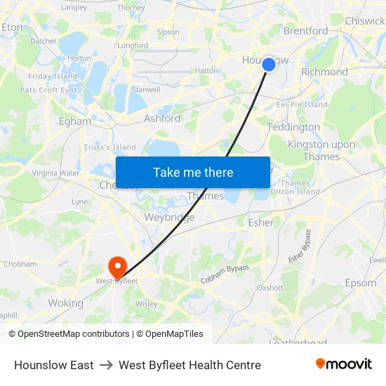 Hounslow East to West Byfleet Health Centre map