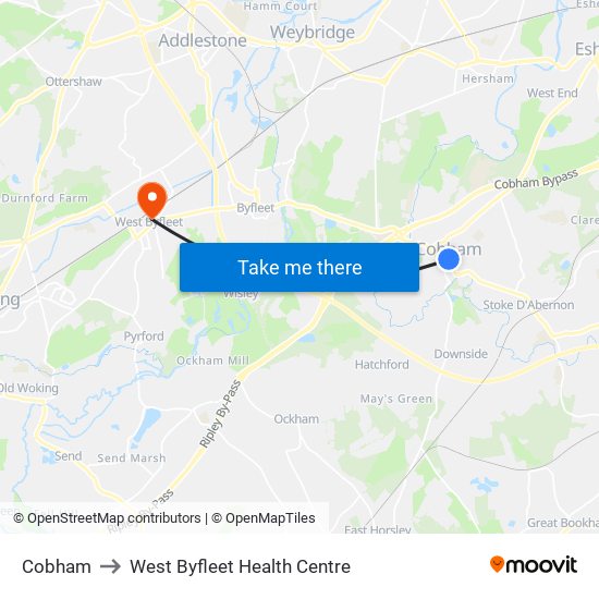 Cobham to West Byfleet Health Centre map