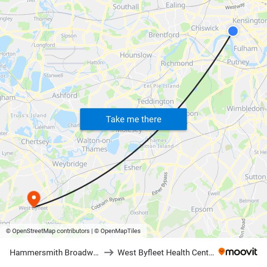 Hammersmith Broadway to West Byfleet Health Centre map