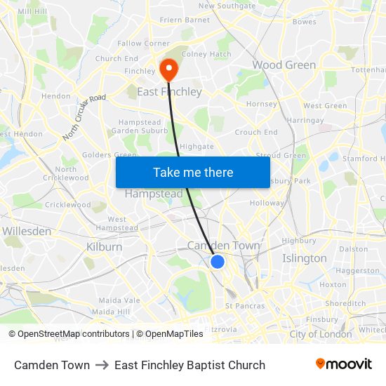 Camden Town to East Finchley Baptist Church map