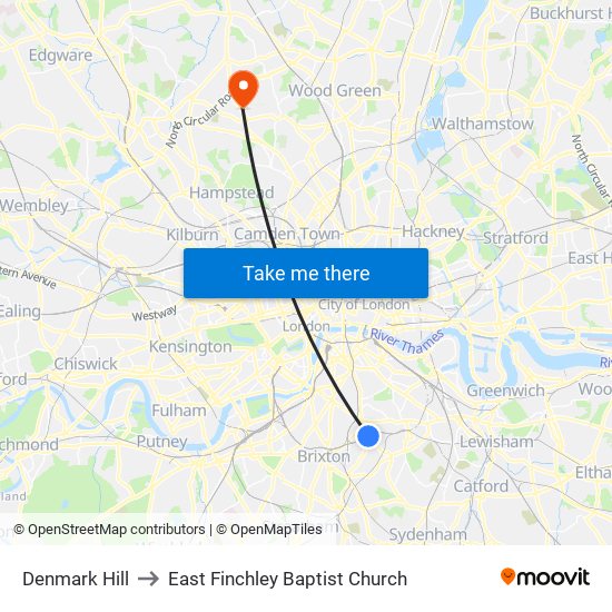 Denmark Hill to East Finchley Baptist Church map