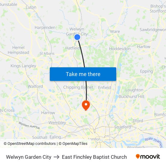 Welwyn Garden City to East Finchley Baptist Church map
