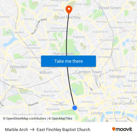 Marble Arch to East Finchley Baptist Church map