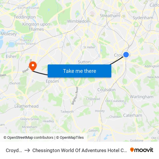 Croydon to Chessington World Of Adventures Hotel Car Park map