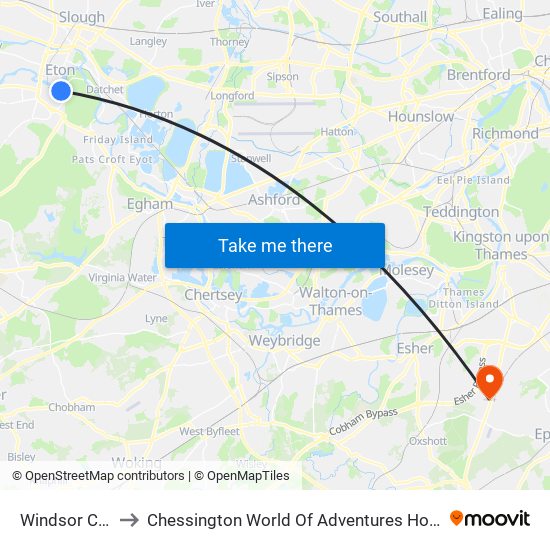 Windsor Castle to Chessington World Of Adventures Hotel Car Park map