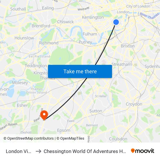 London Victoria to Chessington World Of Adventures Hotel Car Park map