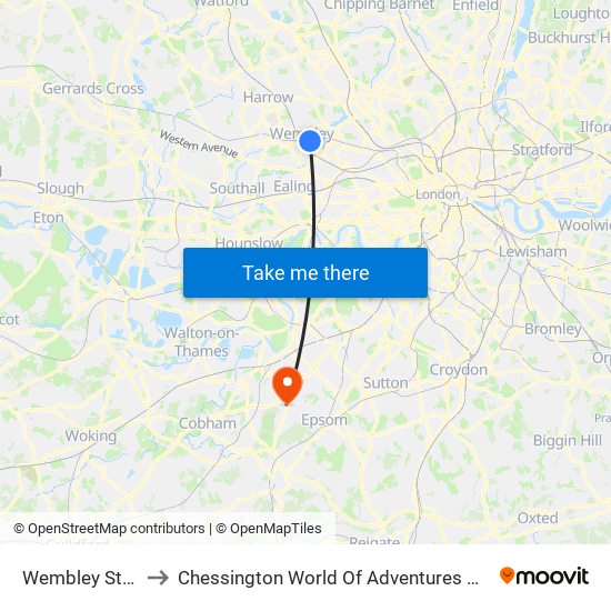 Wembley Stadium to Chessington World Of Adventures Hotel Car Park map