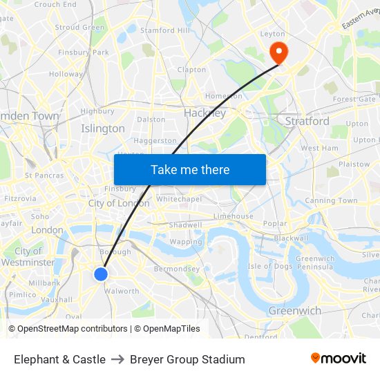 Elephant & Castle to Breyer Group Stadium map