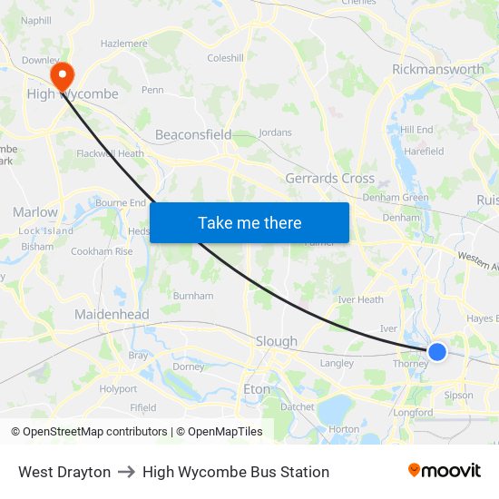 West Drayton to High Wycombe Bus Station map