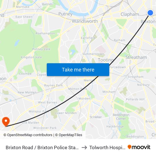 Brixton Road / Brixton Police Station to Tolworth Hospital map