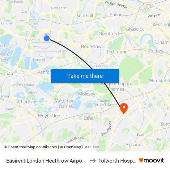 Easirent London Heathrow Airport Lhr to Tolworth Hospital map