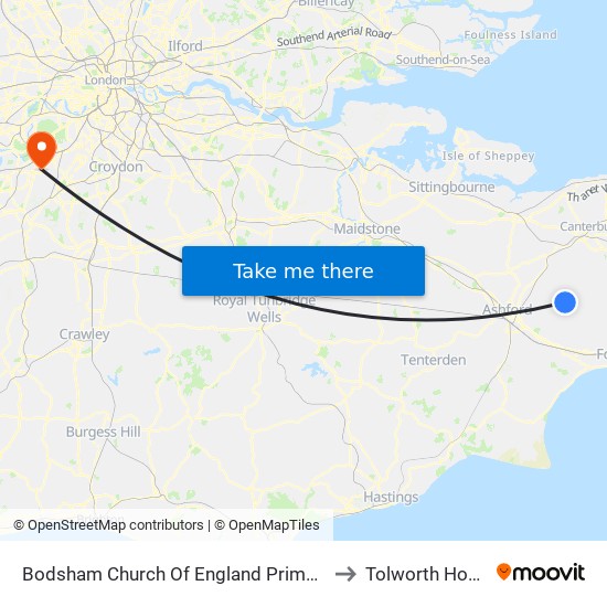 Bodsham Church Of England Primary School to Tolworth Hospital map