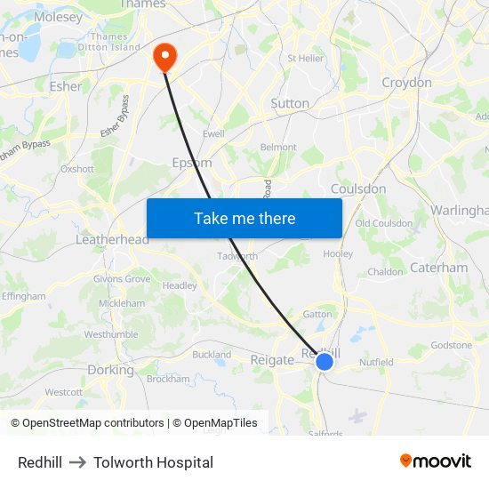 Redhill to Tolworth Hospital map