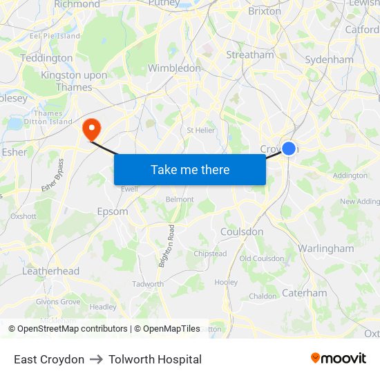 East Croydon to Tolworth Hospital map