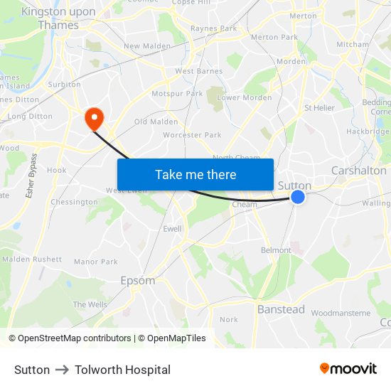 Sutton to Tolworth Hospital map