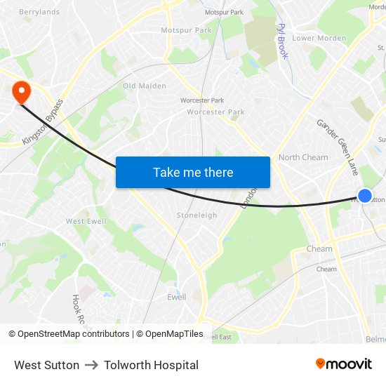 West Sutton to Tolworth Hospital map