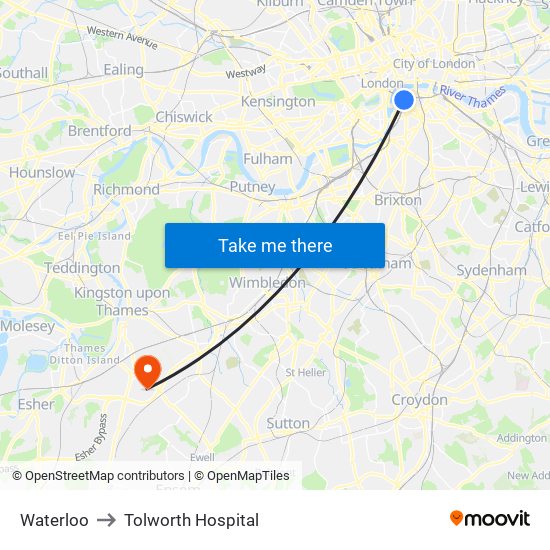 Waterloo to Tolworth Hospital map