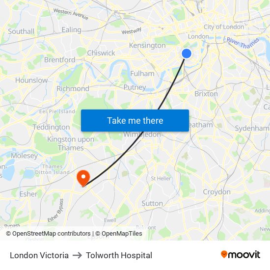 London Victoria to Tolworth Hospital map