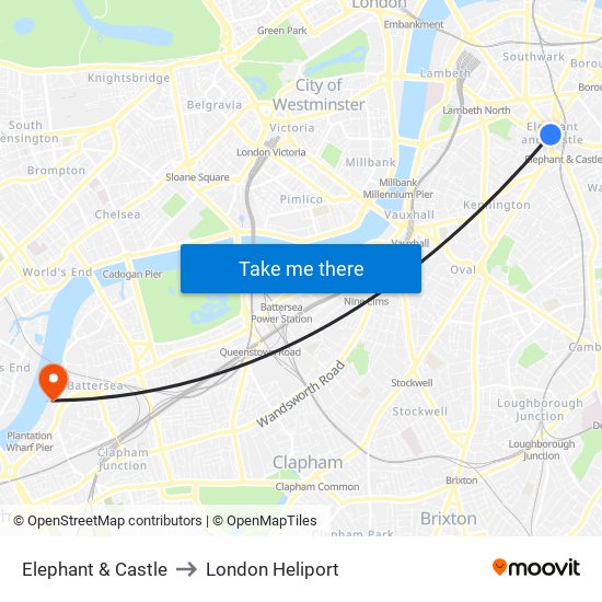 Elephant & Castle to London Heliport map