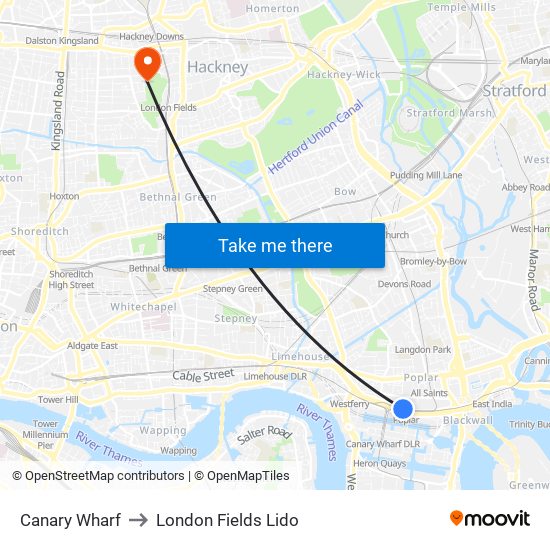 Canary Wharf to London Fields Lido map