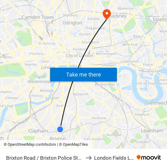 Brixton Road / Brixton Police Station to London Fields Lido map