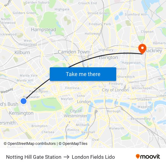 Notting Hill Gate Station to London Fields Lido map