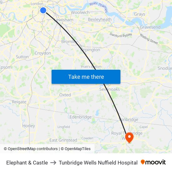 Elephant & Castle to Tunbridge Wells Nuffield Hospital map