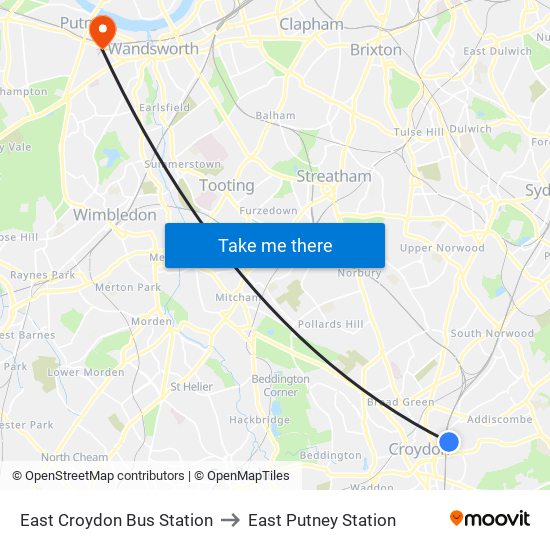 East Croydon Bus Station to East Putney Station map