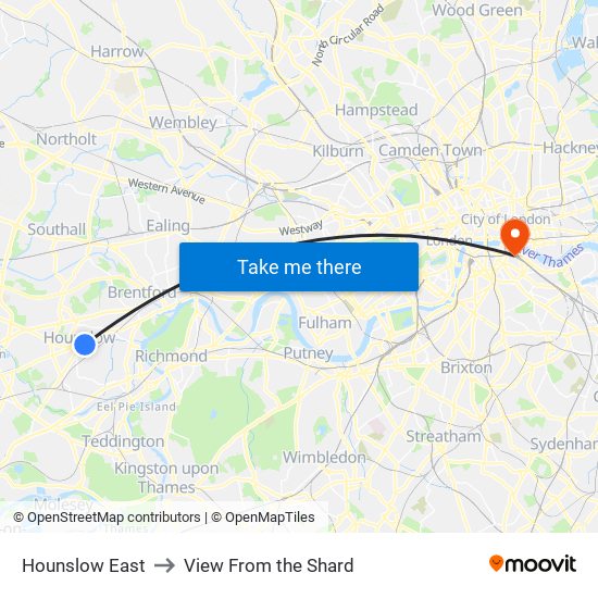 Hounslow East to View From the Shard map