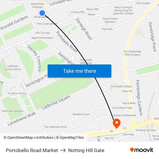 Portobello Road Market to Notting Hill Gate map