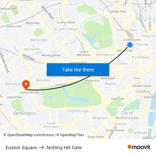 Euston Square to Notting Hill Gate map