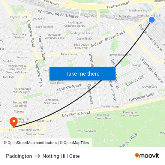 Paddington to Notting Hill Gate map