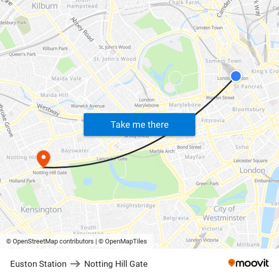 Euston Station to Notting Hill Gate map