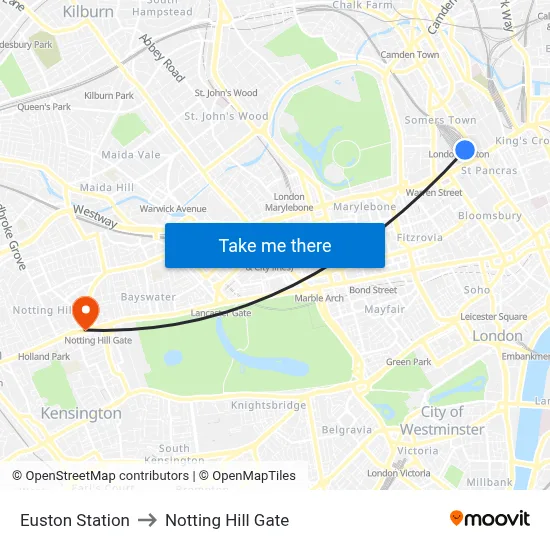 Euston Station to Notting Hill Gate map