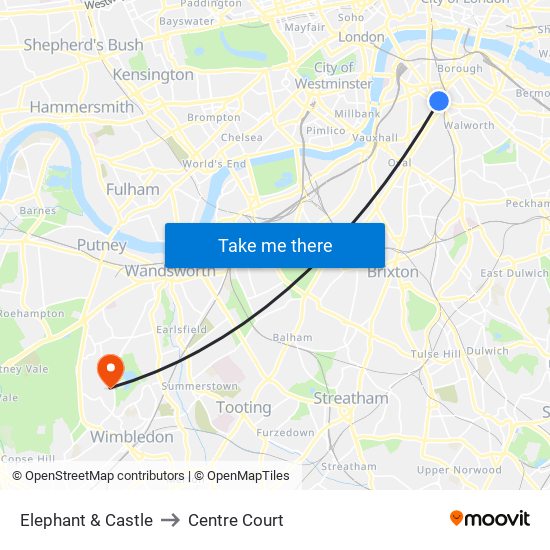 Elephant & Castle to Centre Court map